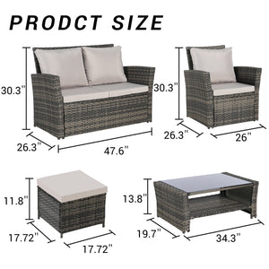 English Elm 6 Piece Outdoor Wicker Sectional with Tempered Glass Table and Weather Resistant Cushions W874P264687