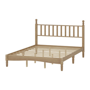 English Elm Queen Wood Platform Bed with Gourd-Shaped Headboard, Retro-Inspired Solid Frame, Slat Support, Sturdy Elegance Natural 64.8 L x 17.5 W x 9.5 H N733P206242M