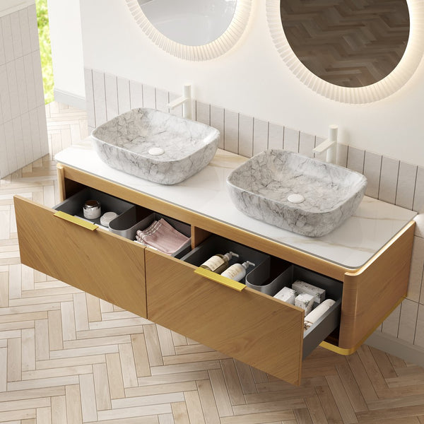 English Elm Dina 60 Inch Floating Bathroom Vanity Sintered Stone Top Dual Glass Basins Wood Grain W2615S00535