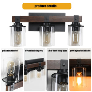 English Elm 19" Rustic 3-Light Vanity Light, Industrial Farmhouse Wall Sconce with Clear Glass Shades & Wood Accents W2312P374782