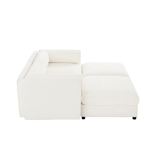 English Elm Stylish White Chenille Loveseat With Ottoman Storage, Ergonomic Backrest & Modular Design For Comfort W714S01036-GIGA