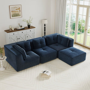 English Elm Modern Corduroy Sectional Sofa Tufted 3 Seater with Movable Ottoman Deep Seat Blue W714S01802
