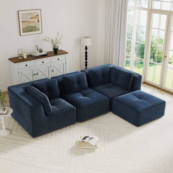 English Elm Modern Corduroy Sectional Sofa Tufted 3 Seater with Movable Ottoman Deep Seat Blue W714S01802