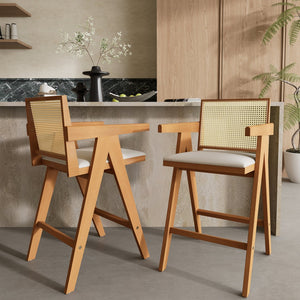 English Elm Christopher Knight Home® - 27" Woven Cane Back Bar Stool with Foam-Padded Polyester Seat, Durable Rubberwood Frame, 300lb Capacity Natural+Cream N780P237930N