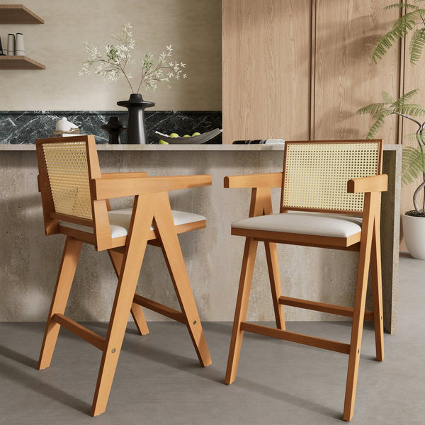 English Elm Christopher Knight Home® - 27" Woven Cane Back Bar Stool with Foam-Padded Polyester Seat, Durable Rubberwood Frame, 300lb Capacity Natural+Cream N780P237930N