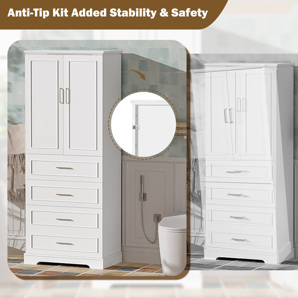 English Elm 72.2'' Tall Freestanding Bathroom Cabinet with 3 Drawers, Adjustable Shelf, Soft-Close Doors, Modern Elegant Design White N729P296769K