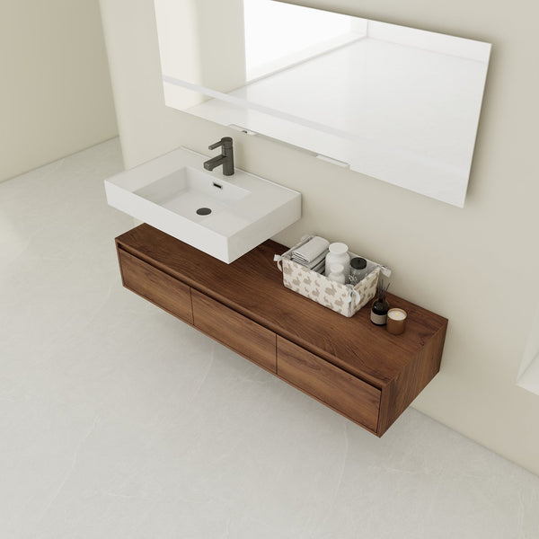 English Elm 60 Inch Wall-Mounted Bathroom Vanity With Resin Sink, Soft-Close Drawers & Floating Design Charm W999S00258