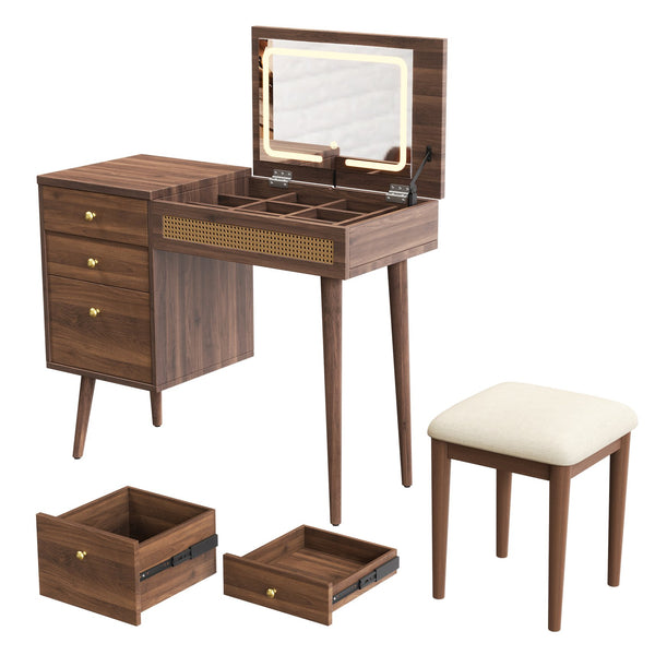 English Elm 39" Retro Bohemian Vanity Desk with Flip-Top Mirror & LED Lights, Rattan Drawers, 3-Drawer Storage, Walnut Finish N733P361800D