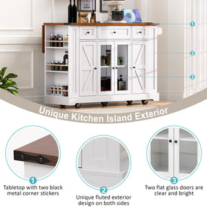 English Elm K&K 53" Farmhouse Kitchen Island with Drop Leaf, Tempered Glass Doors, Power Outlet, Rolling Cart White N707P263637W