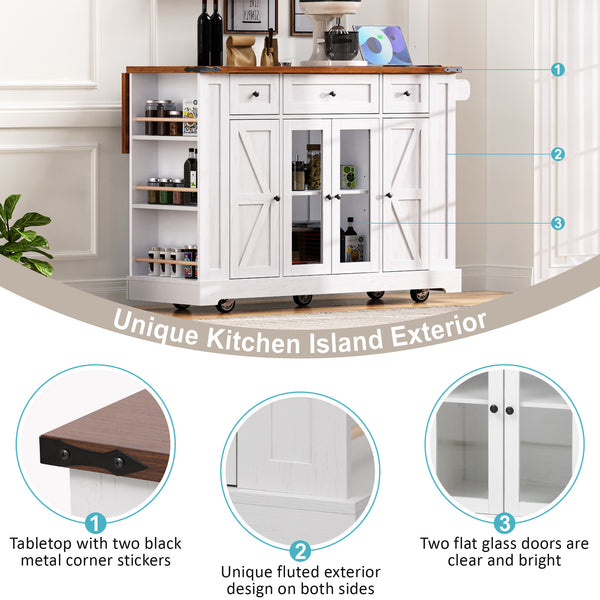 English Elm K&k Farmhouse Rolling Kitchen Island with Drop Leaf Tempered Glass Drawers and Power Outlet White N707S263637W