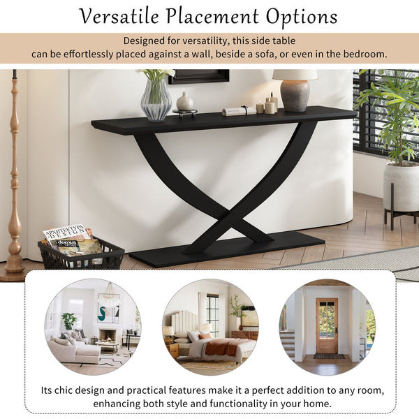 English Elm Mirod 57 Inch Acacia Veneer Console Table with Cross Leg Base for Entryway Black N760P214643B