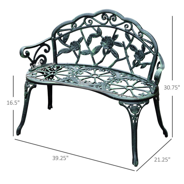 English Elm Outsunny Elegant Cast Aluminum Outdoor Bench With Floral Accents, Antique Green Finish For Patios W2225P174084-GIGA