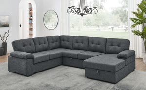 English Elm Linen Blend U-shape Sectional Sleeper with Tufted Back and Hidden Storage Chaise B2748S00024