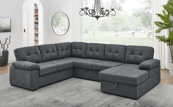 English Elm Linen Blend U-shape Sectional Sleeper with Tufted Back and Hidden Storage Chaise B2748S00024