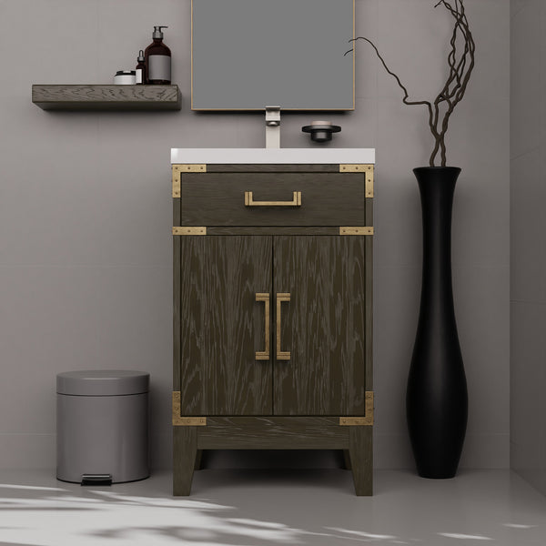 English Elm Brown Oak Single Bath Vanity - Elegant 20" Modern Design With Soft-Close Hinges & Ample Storage B2731P259728
