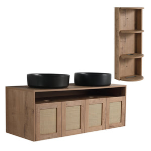 English Elm 48" Floating Bathroom Vanity Oak Finish Dual Ceramic Sinks Four Soft Close Doors W999S00505