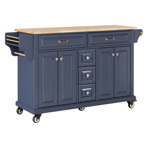 English Elm Kitchen Island durable rubberwood countertop kitchen cart on casters with towel rack, spice shelf, 5 drawers and adjustable shelving for organized meal prep and mobility Blue W914S00005