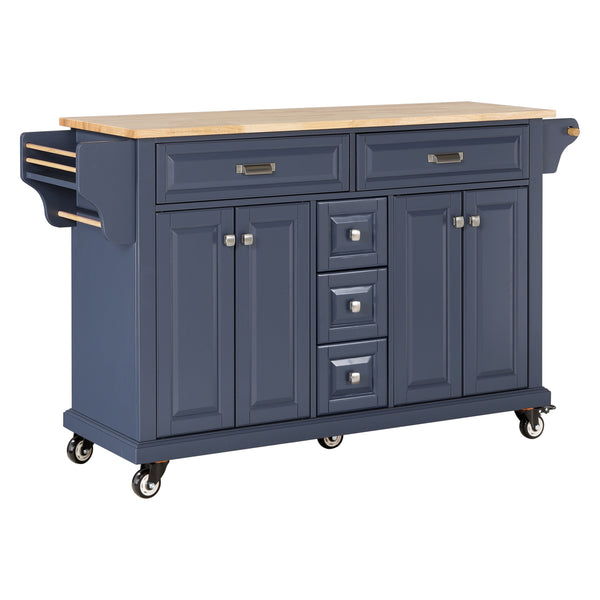 English Elm Kitchen Island durable rubberwood countertop kitchen cart on casters with towel rack, spice shelf, 5 drawers and adjustable shelving for organized meal prep and mobility Blue W914S00005