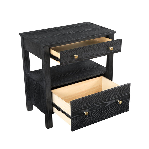 English Elm Danielle Modern 2-Drawer Nightstand in Black Oak Veneer with Gold Knobs, Smooth Glides & Shelf B050P376972