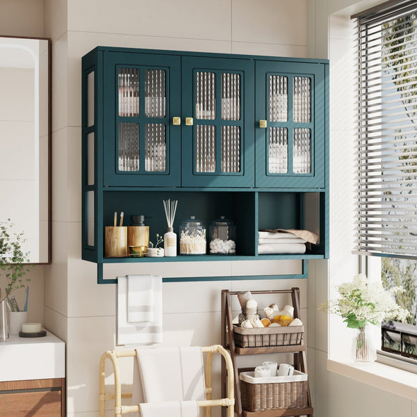 English Elm Bathroom Wall Cabinet Fluted Glass Doors Open Shelf Towel Bar Dark Green Mdf W757P400531