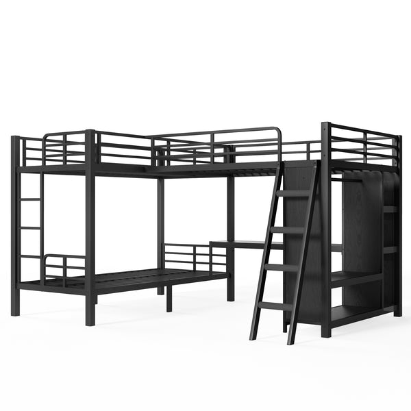 English Elm L-shaped Triple Bunk Bed with Desk Wardrobe Metal Frame for Teen Shared Rooms W5305S00003