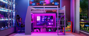 English Elm Wood Full Size Gaming Loft Bed with Integrated Desk, Shelves, LED Lighting & Hanging Clothes Rack Gray N7090001042E