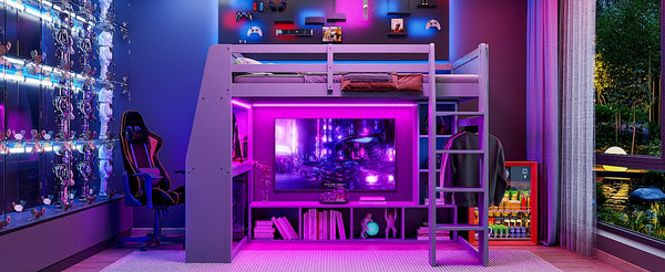 English Elm Wood Full Size Gaming Loft Bed with Integrated Desk, Shelves, LED Lighting & Hanging Clothes Rack Gray N7090001042E