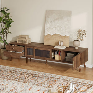 English Elm 76" Wood Grain Media Console with Glass Doors Deep Drawers and Living Room Storage N710P397467P