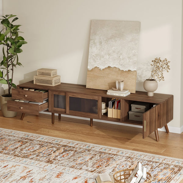 English Elm 76" Wood Grain Media Console with Glass Doors Deep Drawers and Living Room Storage N710P397467P