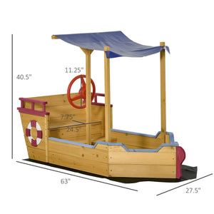 English Elm Outsunny Wooden Pirate Ship Sandbox with Canopy Storage Bench Outdoor Kids Play W2225P217334