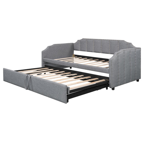 English Elm Twin Linen Upholstered Daybed with Pop up Trundle and Built in Usb Charging Gray SF000199AAE