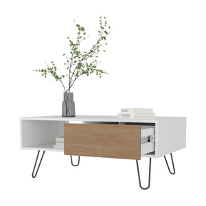 English Elm Gramling Modern Coffee Table with Drawer & Open Shelf, Hairpin Legs, White and Natural Oak Finish B128P263712