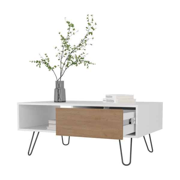 English Elm Gramling Modern Coffee Table with Drawer & Open Shelf, Hairpin Legs, White and Natural Oak Finish B128P263712