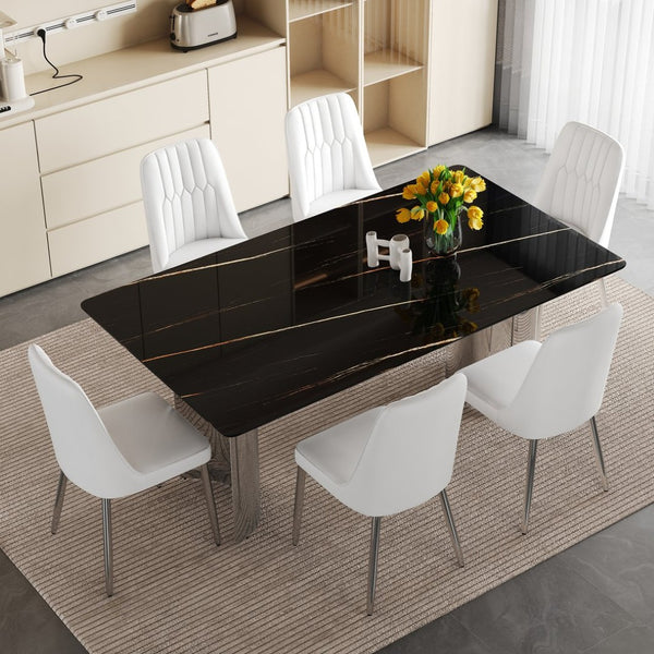 English Elm Table And Chair Set - Modern Minimalist Dining Ensemble With Imitation Marble Top & Pu Cushions W1151S04188-GIGA