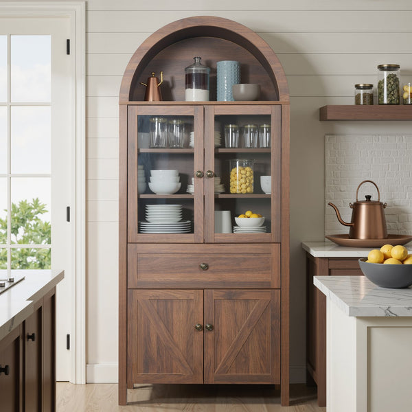 English Elm Dome Top Apothecary Cabinet Antique Inspired Tall Storage with Arched Silhouette Walnut,Walnut Brown W1785S00001