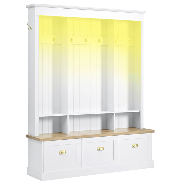 English Elm Farmhouse Hall Tree with Triple Arch Back Panel Eight Hooks Drawers and Entryway Bench White N721S000062K