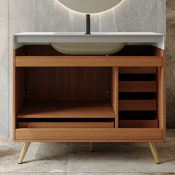 English Elm 36" Freestanding Bathroom Vanity Sintered Stone Top Ceramic Sink Stainless Steel Legs Gold,Walnut,White W3136S00070