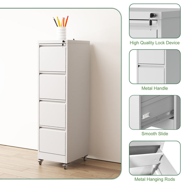 English Elm 4 Drawer Locking File Cabinet on Wheels with Anti-Tilt System, Corrosion-Resistant Metal, Secure Mobile Storage White T2398P310005