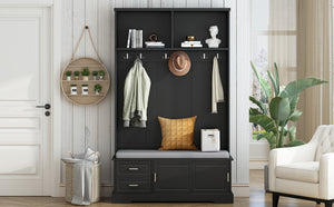 English Elm On-Trend Stylish Hall Tree With Sliding Doors, 6 Hooks, Cushion Bench & Smart Storage For Entryways N721P205787B-GIGA