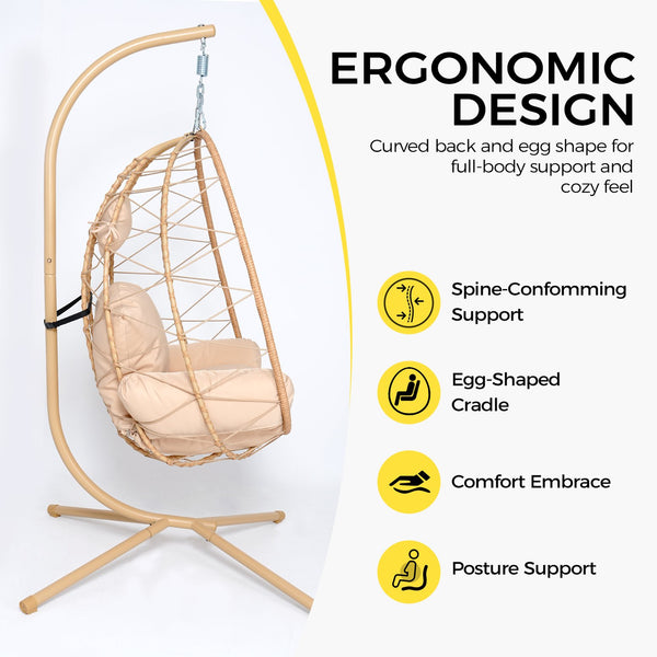 English Elm Hanging Egg Swing Chair Pe Wicker Stand Outdoor Patio Ergonomic Cushioned Seat T5880P497564