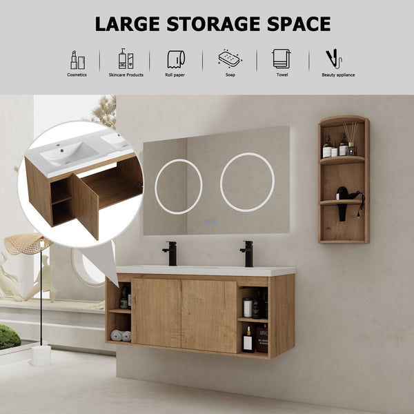 English Elm 48" Wall-Mounted Bathroom Vanity With Double Sink, Storage Rack & Soft Close Doors For Modern Spaces W999S00347