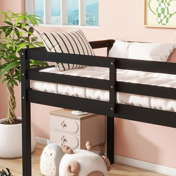 English Elm Solid Twin Loft Bed with Ladder and Reinforced Slats for Storage-Friendly, Space-Saving Bedrooms Black W504P190956