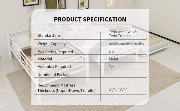 English Elm Heavy-duty Metal Twin over Twin Bunk Bed with Noise-Reducing Design, Safety Rail, Ladder, 350lb Capacity White W1935P300342