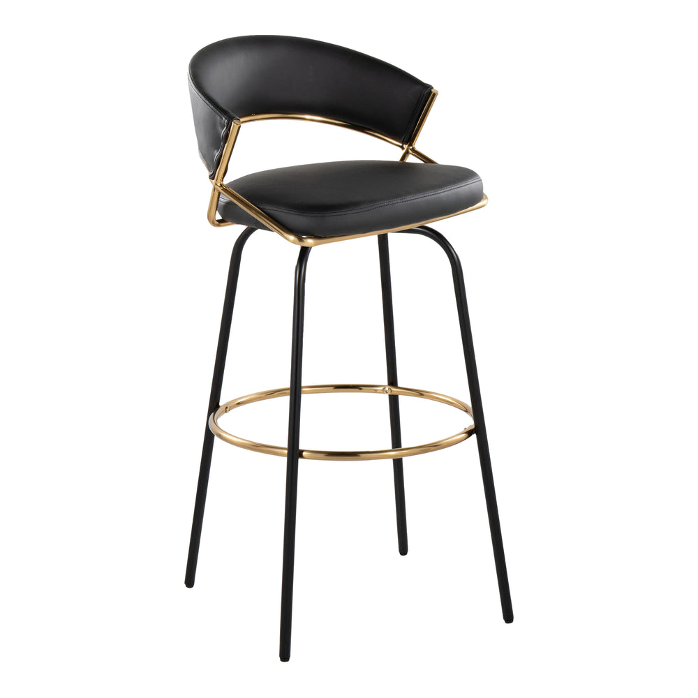 English Elm Jie Contemporary Barstool Set Of 2 With Swivel, Gold Metal Footrest & Black Faux Leather Elegance B202S00608