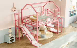 English Elm Full Full House Loft bed with Slide and Stairs, Metal House Play Loft with Storage Shelves and Quiet Design Pink W1580S00351