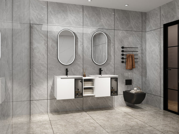 English Elm 60" Floating Double Sink Bathroom Vanity Glossy White Plywood with Frosted Glass Doors W999S00532
