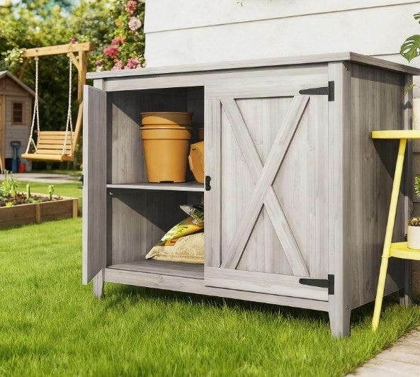 English Elm Wooden Fir Outdoor Storage Cabinet with Barn Doors Shelf and Raised Base for Patios T3971P422813