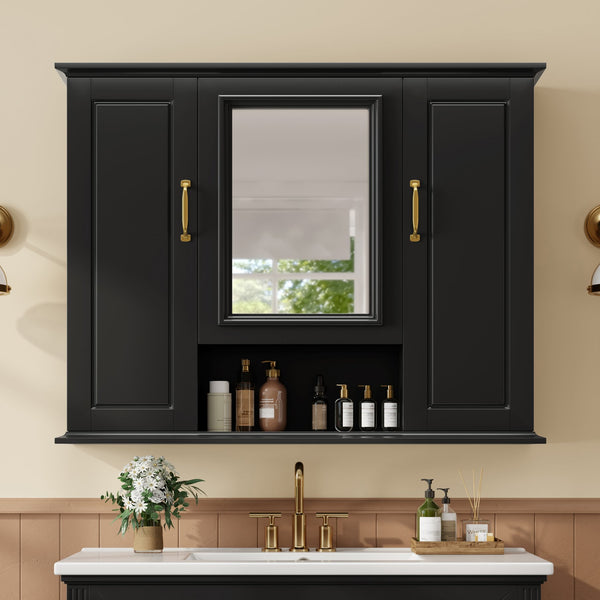 English Elm 36" Freestanding Single Sink Bathroom Vanity Rubberwood Cabinet with Matching Mirror Black N725S314034B