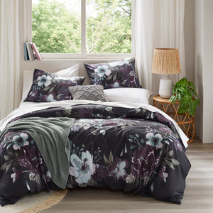 JLA Home Madison Park - 3 Floral Cotton Duvet Cover Set — Dark Grey & Plum Shabby Chic Bedding, Breathable, Machine Washable 90 L x 90 W x 0.13H MP12-8492