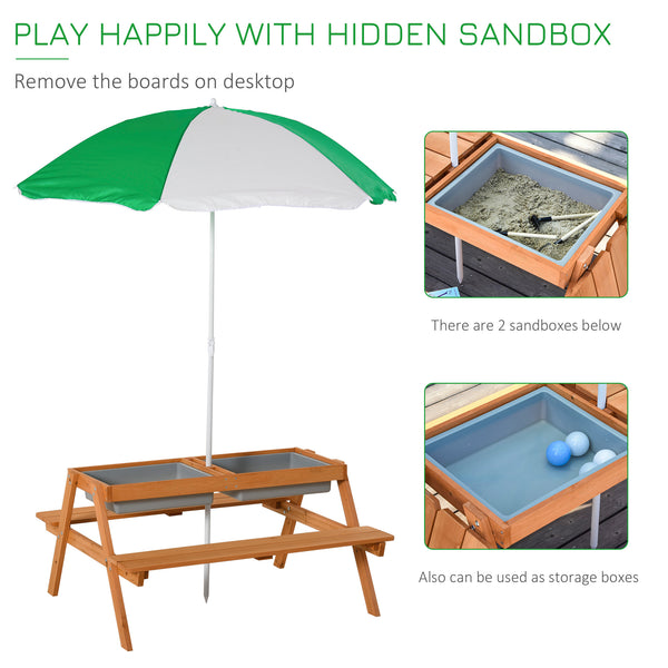 English Elm Outsunny Solid Fir Wood Kids Picnic Table with Shade Umbrella and Sand Basin W2225P217336